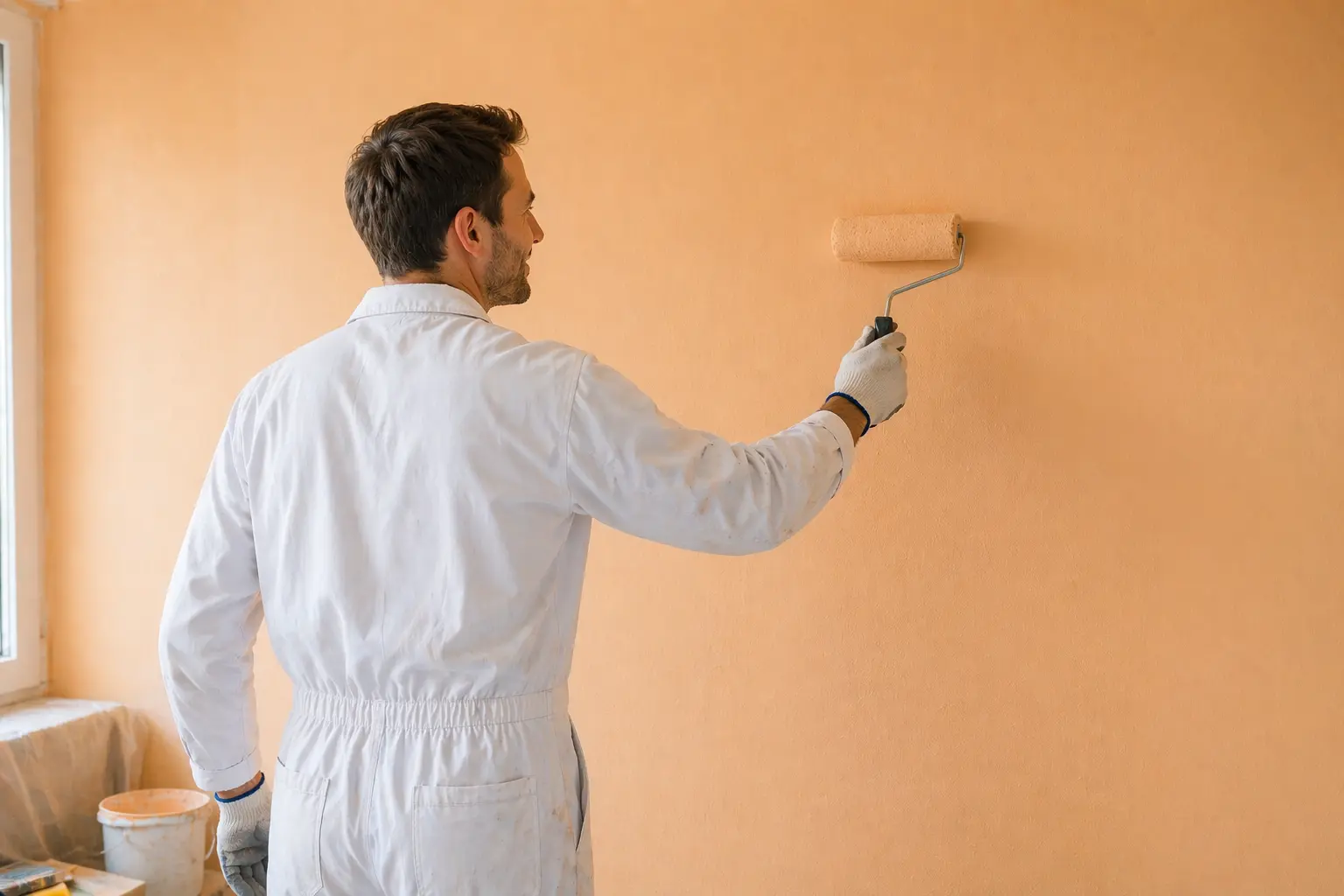 Pintor a pintar uma parede interior com rolo