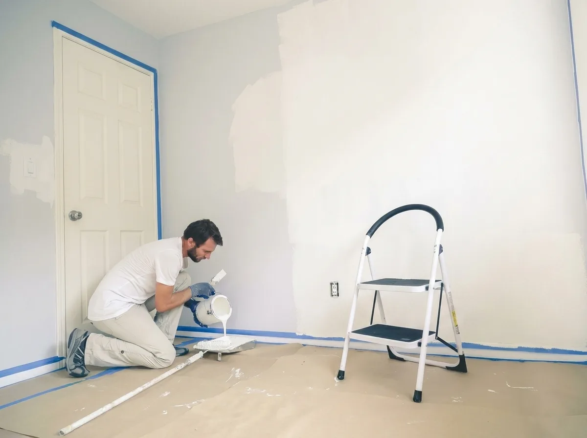 Pintor profissional da Pinturas Portugal a preparar uma sala em Porto
