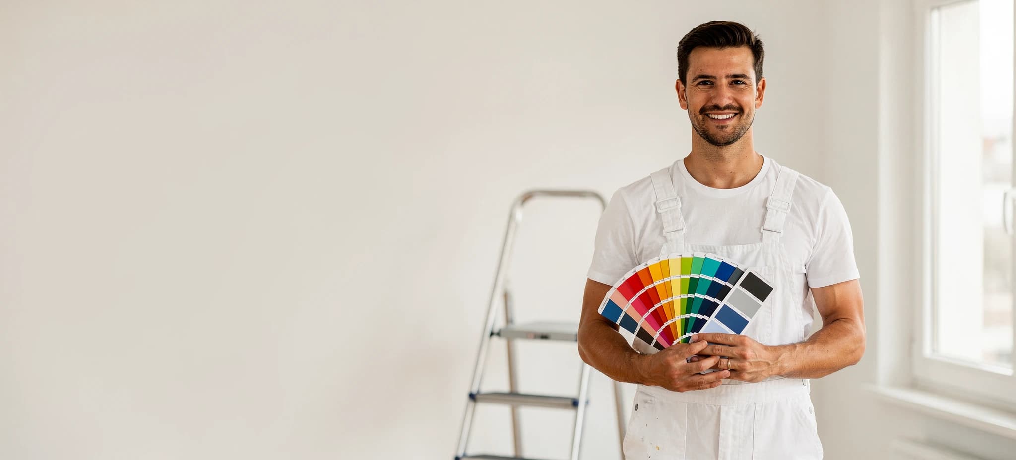 Pintor sorridente com um leque de cores numa sala acabada de pintar