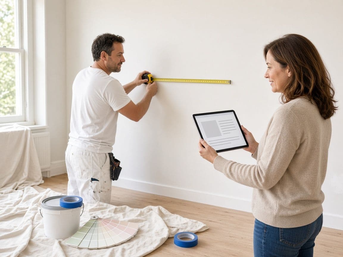 Pintor a medir uma parede para preparar o orçamento
