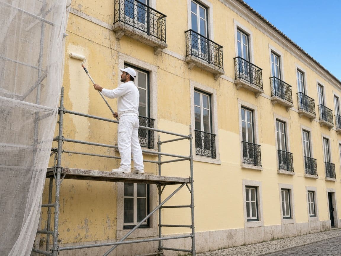 Pintura de fachada de um prédio com andaimes